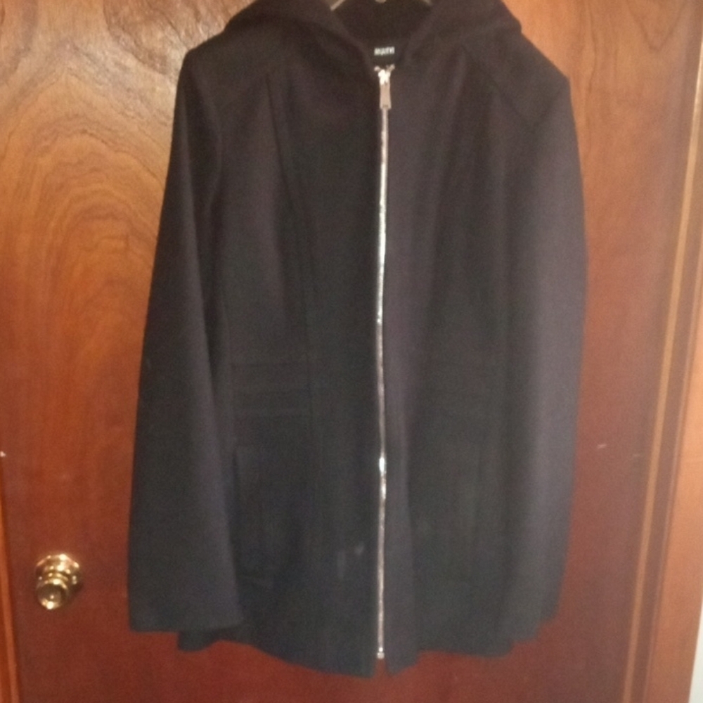 Avanti Women's Black Hooded Pea Coat with Front Zip
